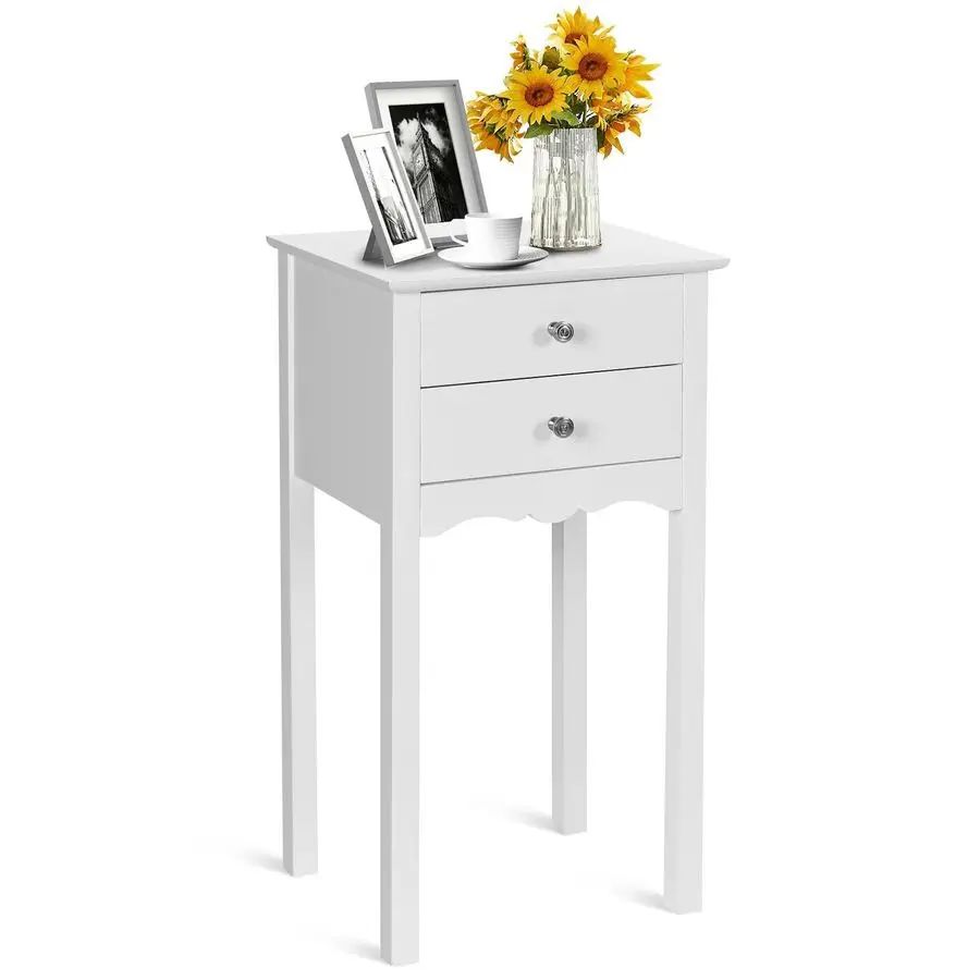 

End Table with 2 Drawers, Mini Table Nightstand with Storage, Tall Bedside Sofa Table for Living Room, Bedroom, Hallway White,