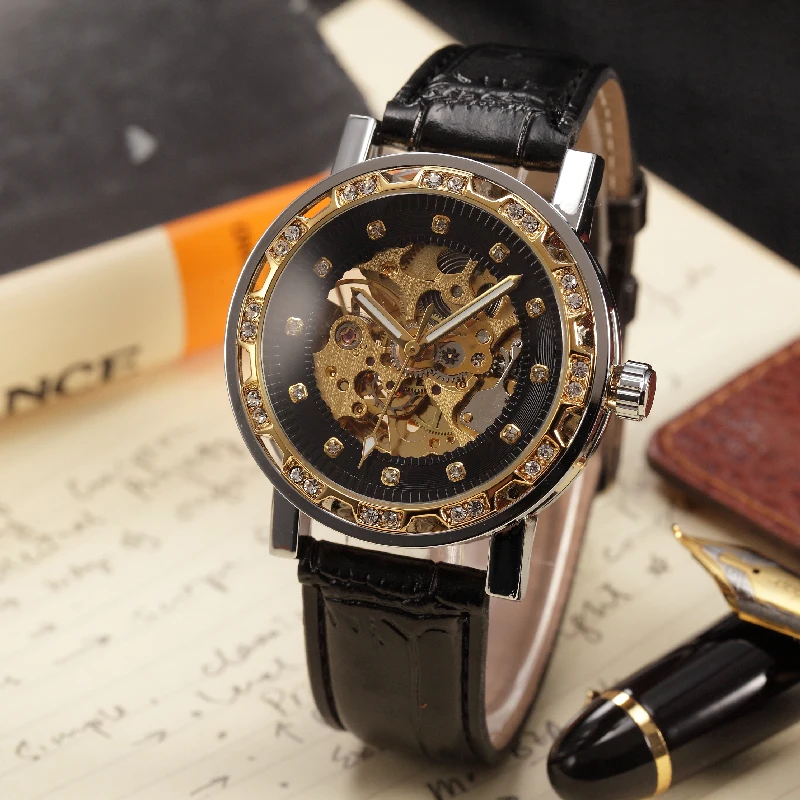 FORSINING Classic Men Watch Automatic Skeleton Mechanical Diamond Crystal Bezel Transparent Male Casual Leather Strap Wristwatch
