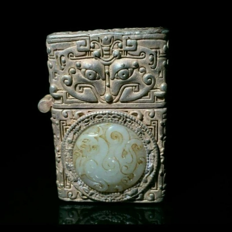 Antique Jade, Old Gas Coated Paste, Hotan Jade Inlaid with Silver Plated Oil Lighters, Ornaments, Gifts, Collectibles