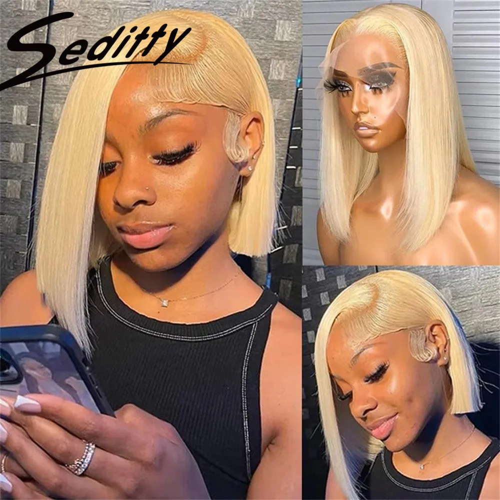 613 Honey Blonde Short Bob Wig Straight Lace Front Human Hair Wigs Colored 13x4 HD Transparent Lace Frontal Wig Preplucked