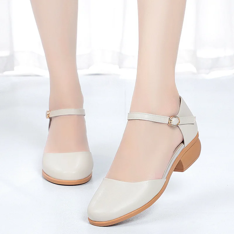 4cm All Match Comfortable Round Head Soft Leather Sandals Platform Shoes Summer 2026 Square Heels Sandals Casual for Office Mom