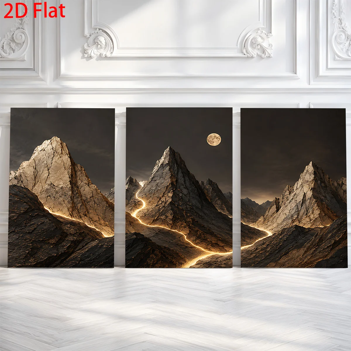 Frameless 3 Pieces 2D Flat- Three canvas paintings of mountain ranges with glowing paths and a moon Themed Canvas Wall Art, W
