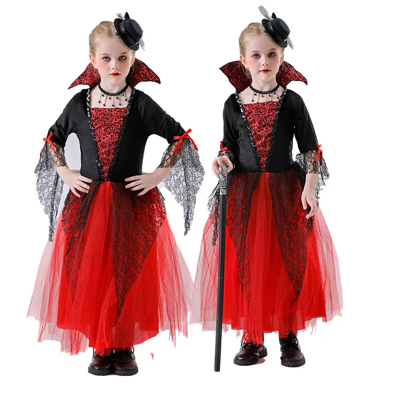 Mädchen-Vampir-Königin-Kostüm-Set Schwarzes Rotes Spitzenkleid mit Stehkragen, Rosenschleier, Fächer und Schmuck für Halloween, Karneval, Cosplay – Detail 10