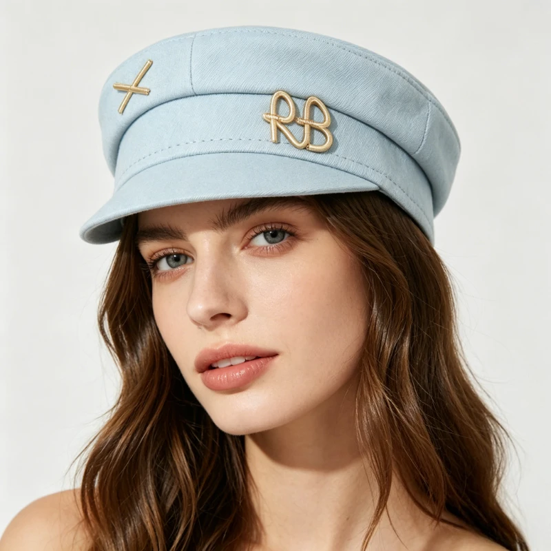 S/M/L British Summer Blue Letter Decoration Military Hats for Women Retro Newsboy Cap Broken Hole Pure Cotton Berets Boina Mujer