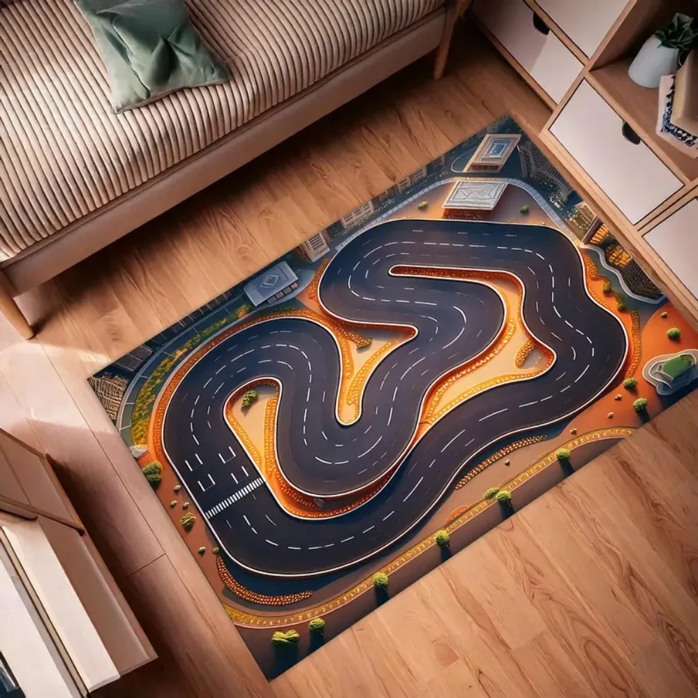 Tapis de piste de course pour enfants, Design de courbe 3D avec voiture de course et drapeau à carreaux, décoration de la maison, tapis de sol pour chambre à coucher