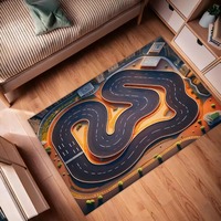 Kids Racing Track Carpet Mat Rug - 3D Curve Design with Race Car & Checkered Flag Home Decoration Floor Mat Rugs for Bedroom