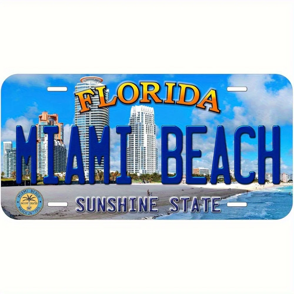 Florida Miami Beach Sunshine State Placa de matrícula de metal - Etiqueta de aluminio para automóvil con orificios preperforados, diseño tropical brillante, S