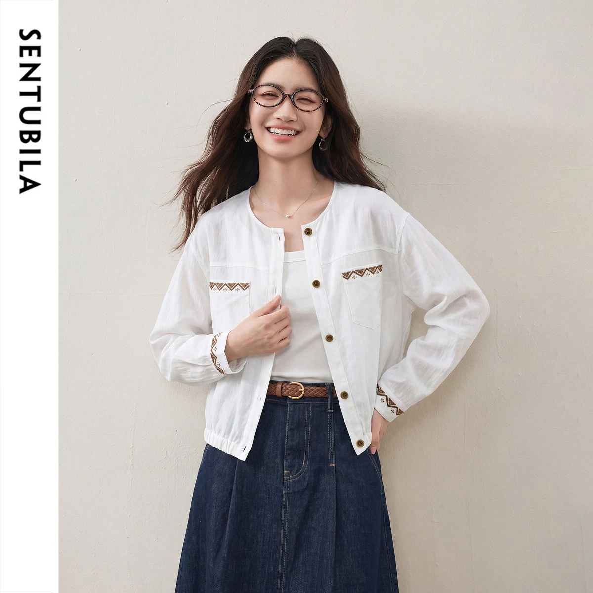 SENTUBILA Women Vintage Shirt Jacket 2026 Autumn Crew Neck Color Contrast Embroidery Long Sleeve Casual Loose Shacket 163WB7795