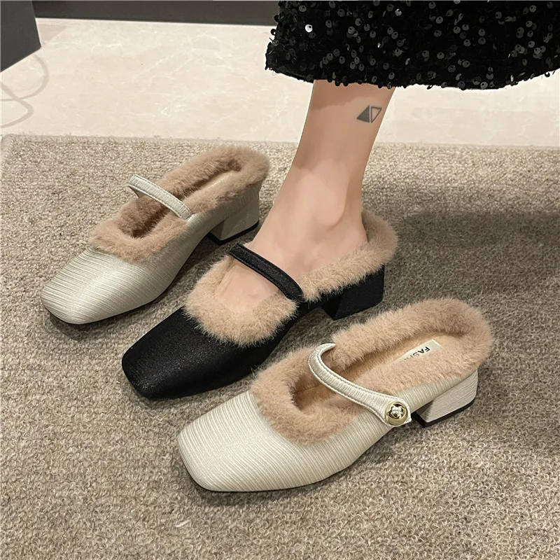 

Chic 2025 Pointed Toe Mules Women Closed Toe Heels Faux Fur Lined Slides Korean Elegant Style Luxury Indoor Outdoor