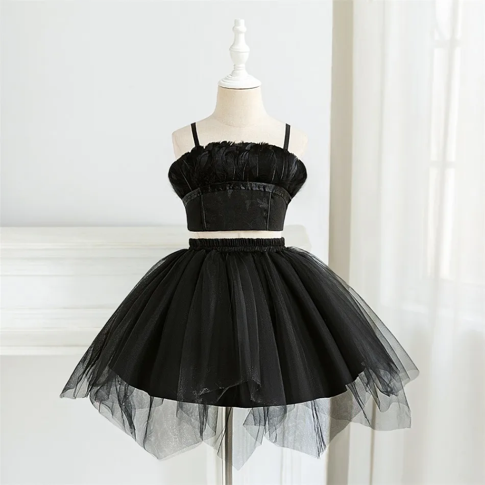 Girls Black Feather 2pcs Tutu Skirt Set Kids Black Swan Outfit Stage Dance Performance Halloween Dark Theme Party Costume ASQ03