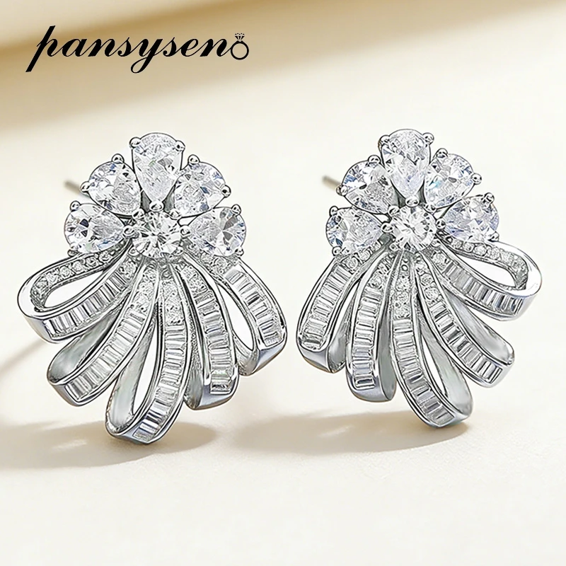 PANSYSEN New Classic Pure Silver 925 Jewelry Sparkling Flower High Carbon Diamond Gemstone Stud Earrings for Women Wedding Gift