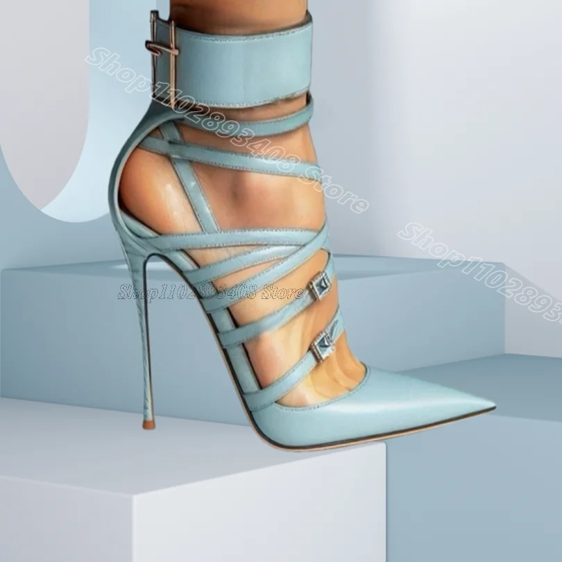 Blaue Kristall-Dekor Stiletto-Sandalen Spitze Zehe Leder Britischer Stil Damen Mode Party Sexy Schuhe 2026 Zapatos Para Mujeres
