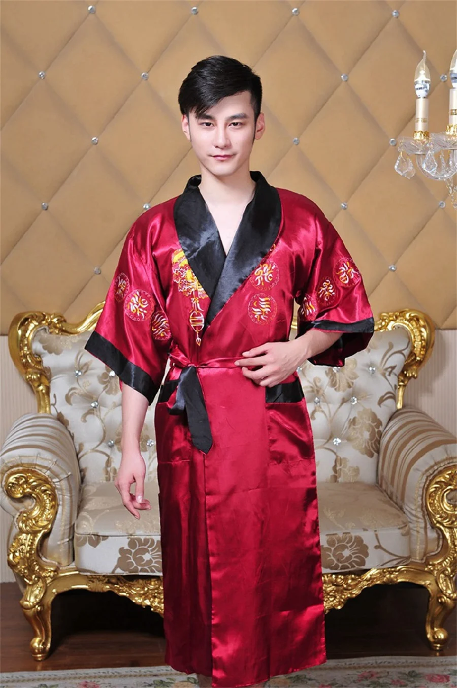 Summer Rayon Kimono Bathrobe Men Night Gown Two Side Wear Sleepwear Dragon Embroidery Shower Robe Men Novelty Home Clothing