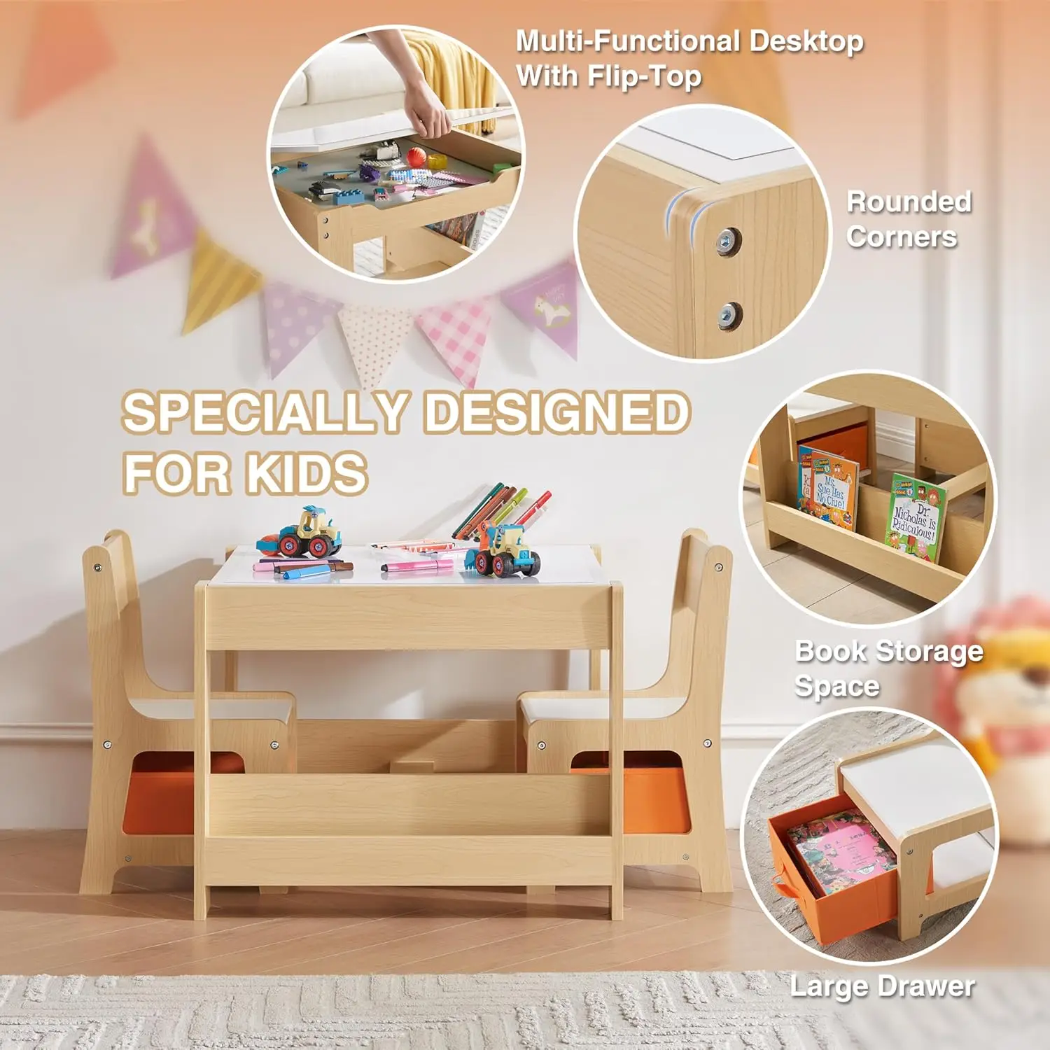 Kids Table And Chair Set, 4 In 1 Wooden Activity Table With Bookshelves And Storage Drawer, 2 In 1 Detachable Tabletop