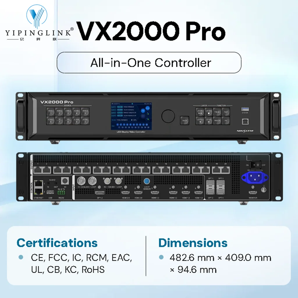 Novastar VX2000 Pro All-in-One Controller พร้อมพอร์ตอีเธอร์เน็ต 20 พอร์ตสําหรับจอแสดงผล LED เช่ากลางแจ้งในร่มขนาดใหญ่