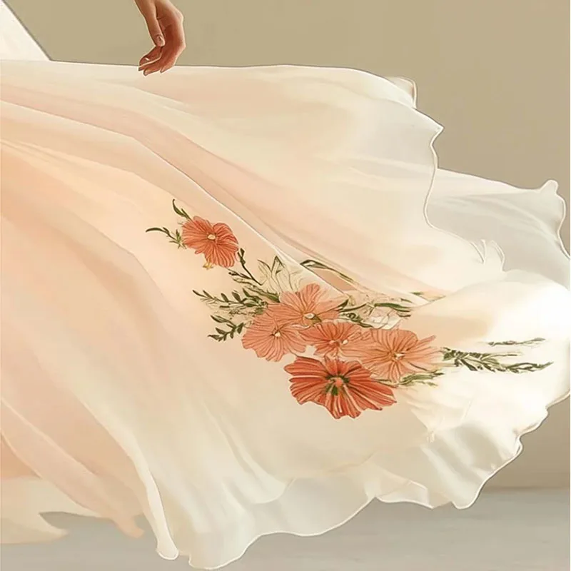 2025 moda manga alargamento estilo chinês vestido mulher novo padrão impresso longo robe verão elegante cintura alta com decote em v vestidos de festa