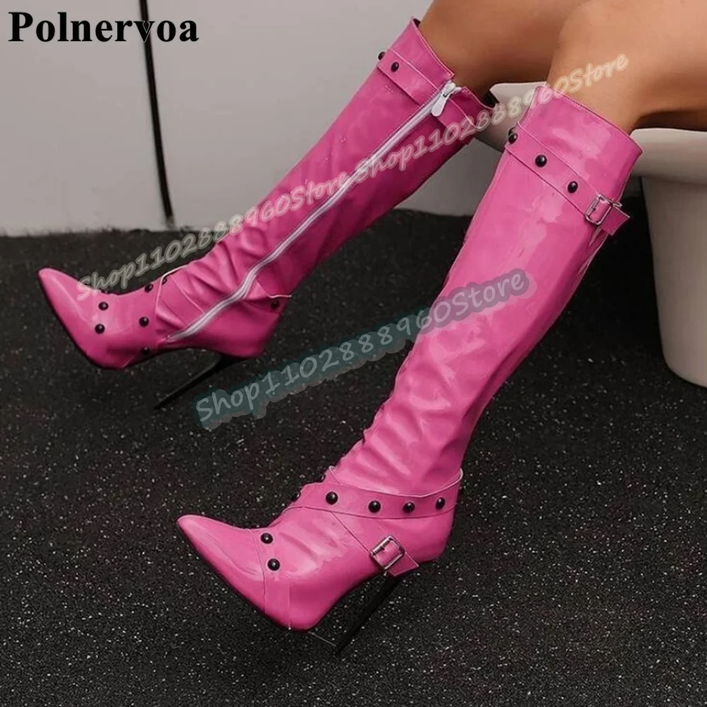 

Knee High Rose Red Rivets Buckle Strap Knight Boots Thin High Heel Shoes For Women Side Zipper Pointed Toe Fashion Party Boots