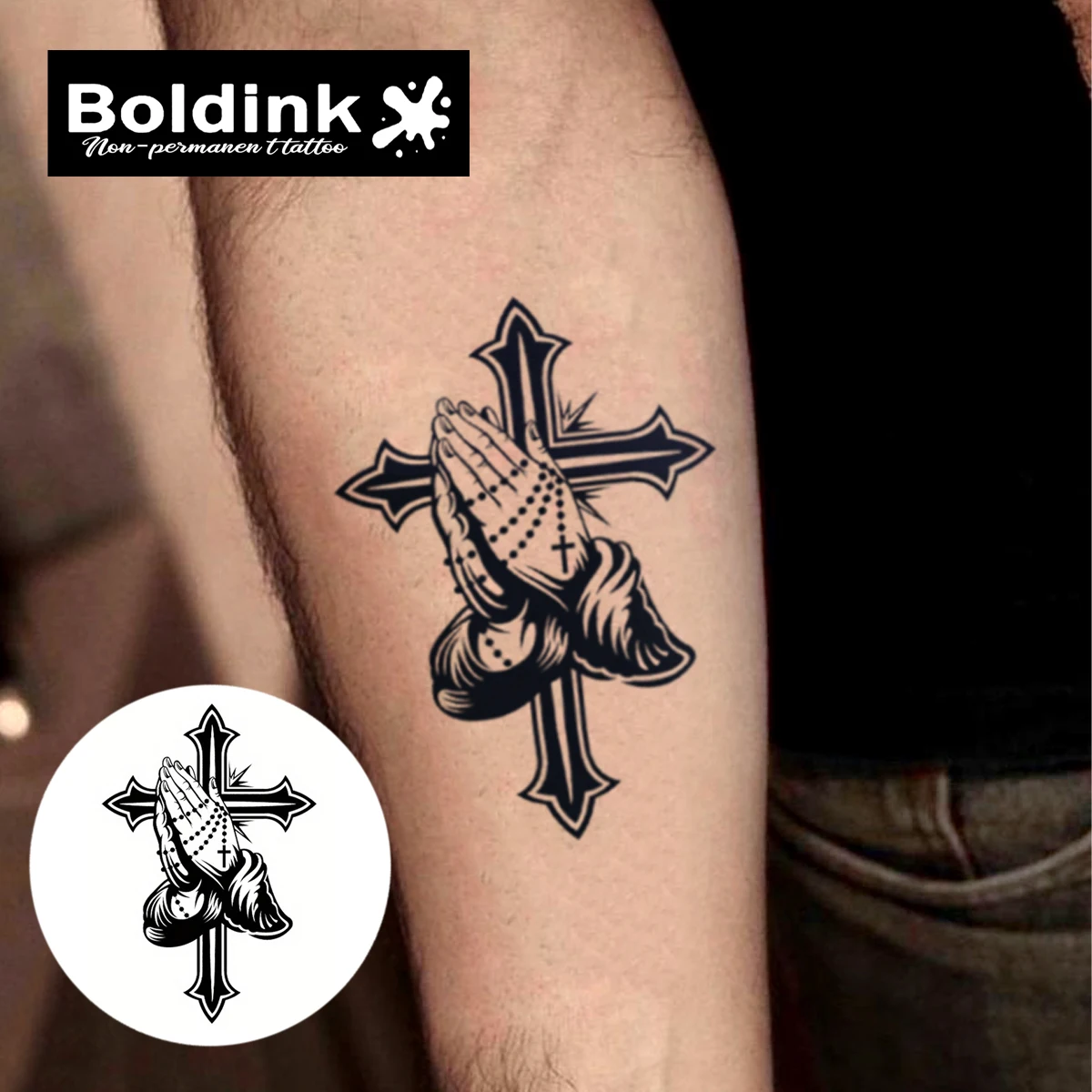 Boldink Praying Hands with Cross Temporary Tattoo,Lasts To 15 Days