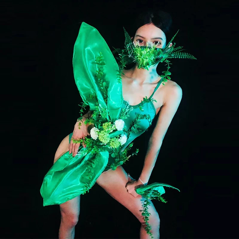 Green Forest Theme Bodysuit Dancing Stage Costume Drag Queen Clothes Nightclub Bar Gogo Show Outfit Rave Party Clubwear