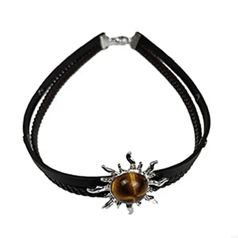 F2TD Double Layer Brown Leather Necklace with Sun Charm Clavicle Chain Choker for Nature Lovers and Fashion Enthusiasts