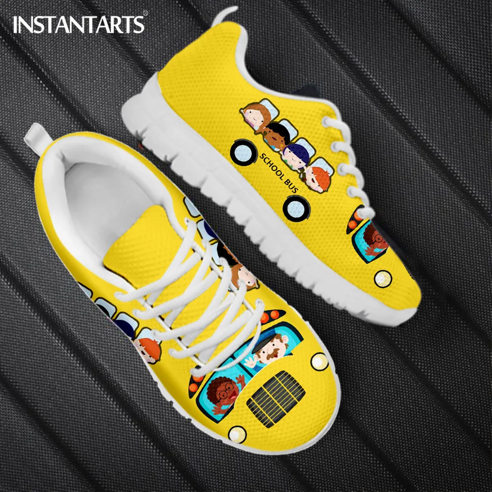 INSTANTARTS 2023 New Walking Sport Shoes School Bus Cartoon Yellow Print Flat Shoes for Womens Mens Wear Resistant Sneakers Gift