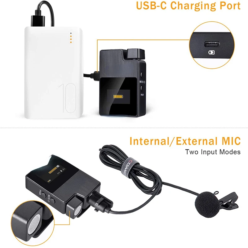 2.4G Compact Wireless Microphone System with 2 Transmitter and 1 Receiver Lav Mic for Smartphone/Camera/Podcast