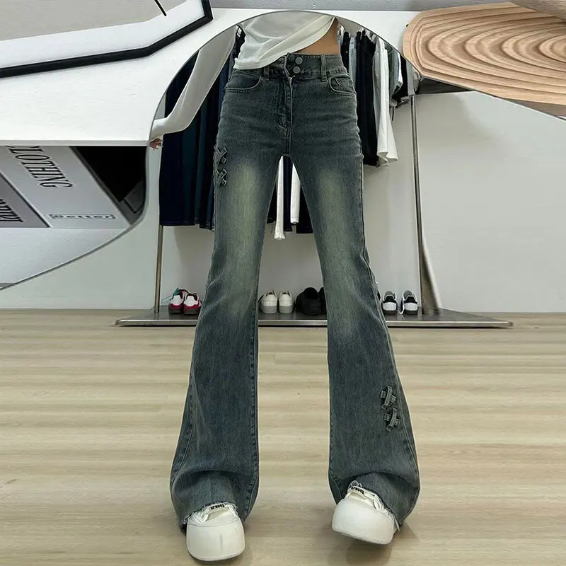 Jeans svasati con nodo a fiocco per donna Autunno Americana Vintage Blu Taglie forti Design snellente a vita alta