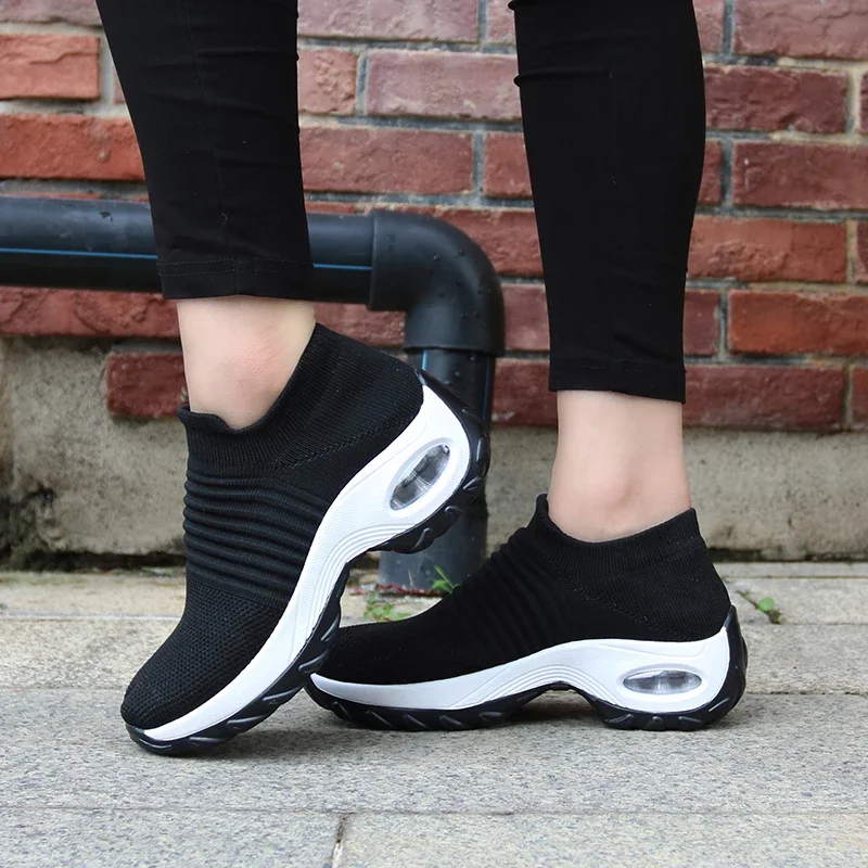Damen-Walking-Trainer, modische Fly-Weave-Socken-Sneaker, atmungsaktive, bequeme Pflegeschuhe, lässige Plateau-Loafer, rutschfest – Detail 5
