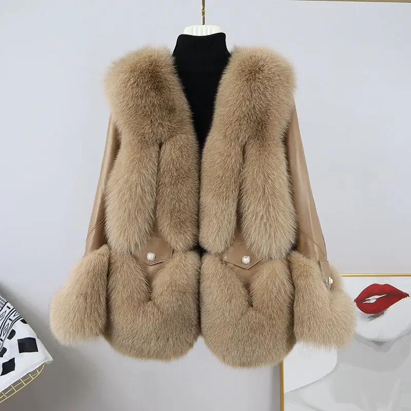 

Fox fur integrated fur for women's new fashion style Haining genuine leather jacket for women's short coat