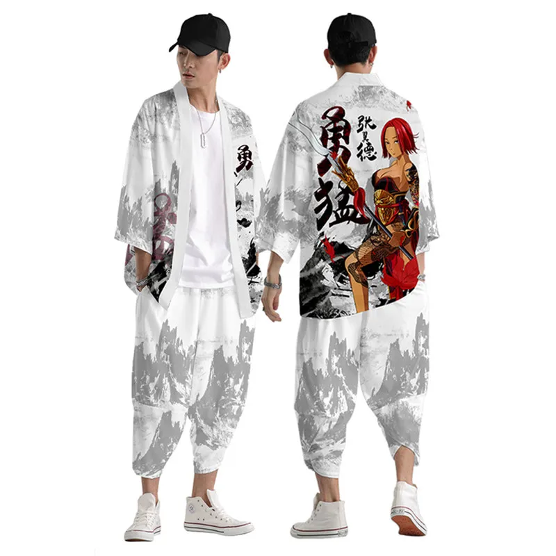 

XXS-6XL Invincible Printing Japanese Style Fashion Kimono And Pants Set Men Cardigan Blouse Haori Obi Asian Clothes