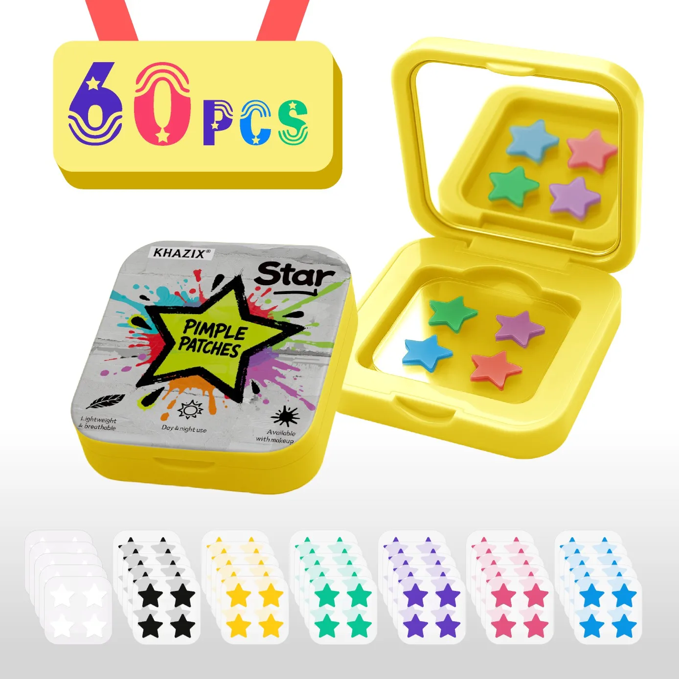 The 60Pcs small mirror box packaging is convenient to carry. It includes acne patches, acne-covering patches, hydrocolloid acne