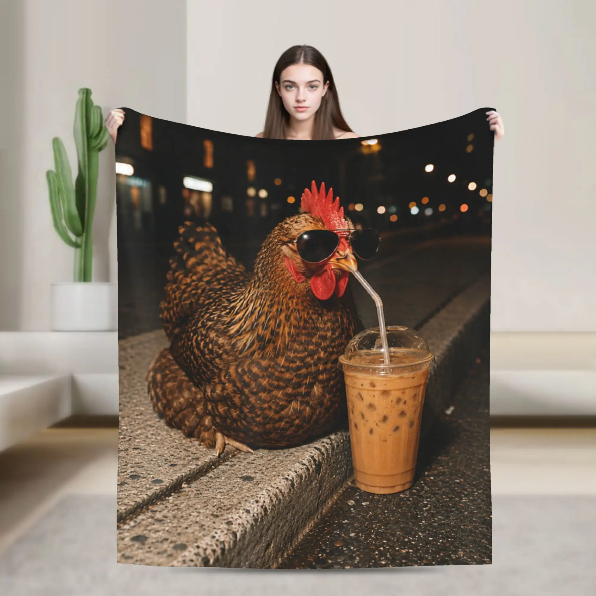 Chicken Drinking Iced Coffee Animal Meme Blankets Warm Plush Throw Blanket For Boy Girl Living Room Flannel Bedspread Bed Cover