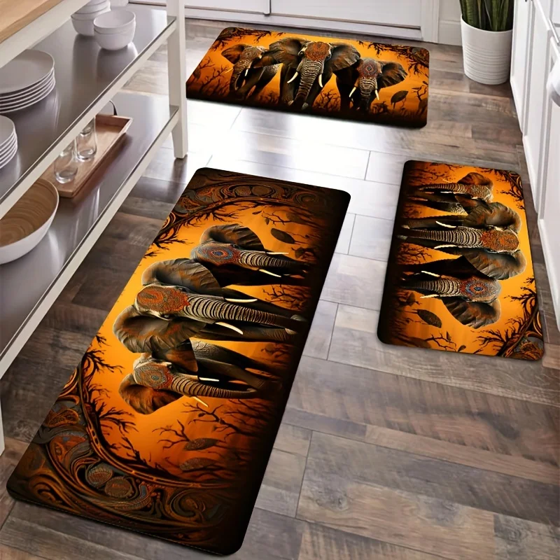 VIKAMA Langer Läufer mit afrikanischem Elefantenmuster, Vintage-Wildtier-Kunstdruck, rutschfest, waschbar, für Küche, Flur, Eingangsbereich, Bodenmatte