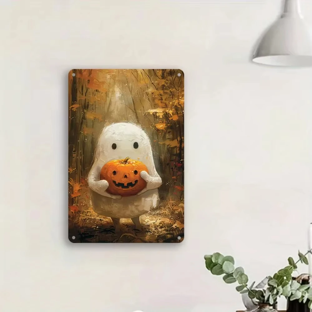 لافتة قصدير معدنية عتيقة للهالوين - 8x12_ ديكور أوراق اليقطين اللطيفة لشريط المنزل، سهل التركيب