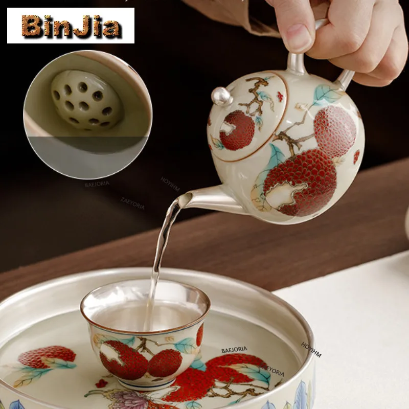 Tetera de 165ml con diseño de mariposa y lichi, en plata dorada, con infusor creativo y orificio de bola, para preparar té, artesanía para bebidas