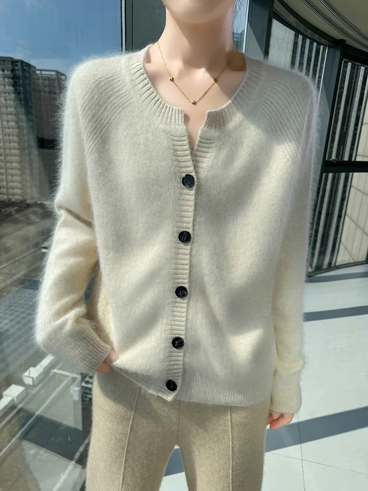 

TLOML Women 100% Mink Cashmere Sweater Thick V-neck Cardigan Autumn Winter Soft Warm Casual Clothing Mink Cashmere Knitwear Tops
