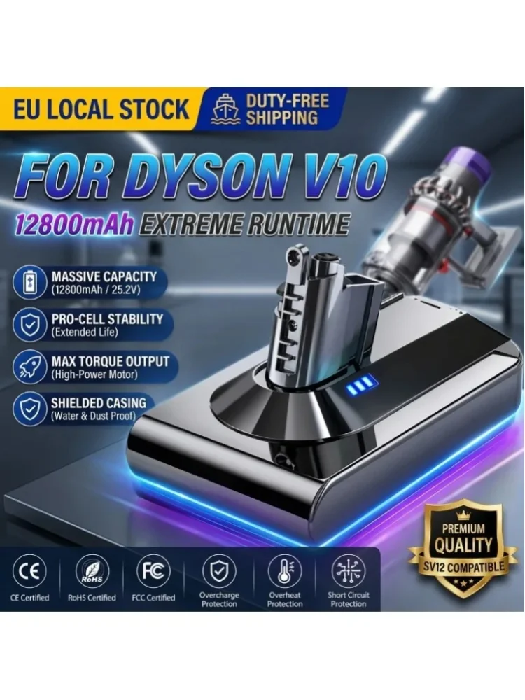 Einfache Installation, 12800 mAh, 25,2 V, Li-Ion-Akku für Dyson V10 SV12 Staubsauger, wiederaufladbarer Ersatzakku, kompatibel mit den Modellen Absolute, Animal und Fluffy, kabelloser Staubsauger,