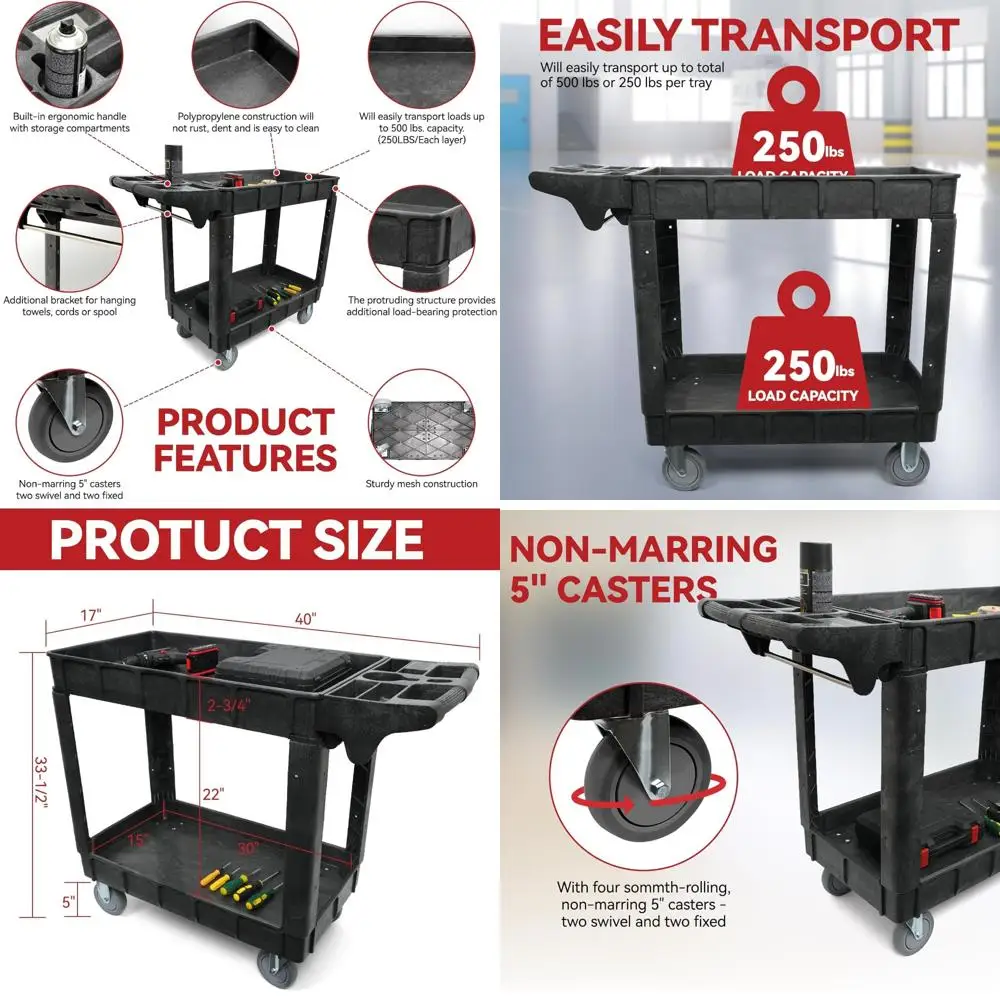 Carro utilitario con ruedas de 2 estantes, servicio resistente y carro de herramientas con ruedas, 40 x 17 pulgadas, capacidad de carga de 500 lb, ideal para garajes,