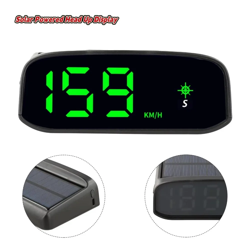 Solar Powered Head Up Display /GPS Digital Speedometer Compass Light Sensing Auto On Off KM/H MP/H Switchable LED Screen For Car