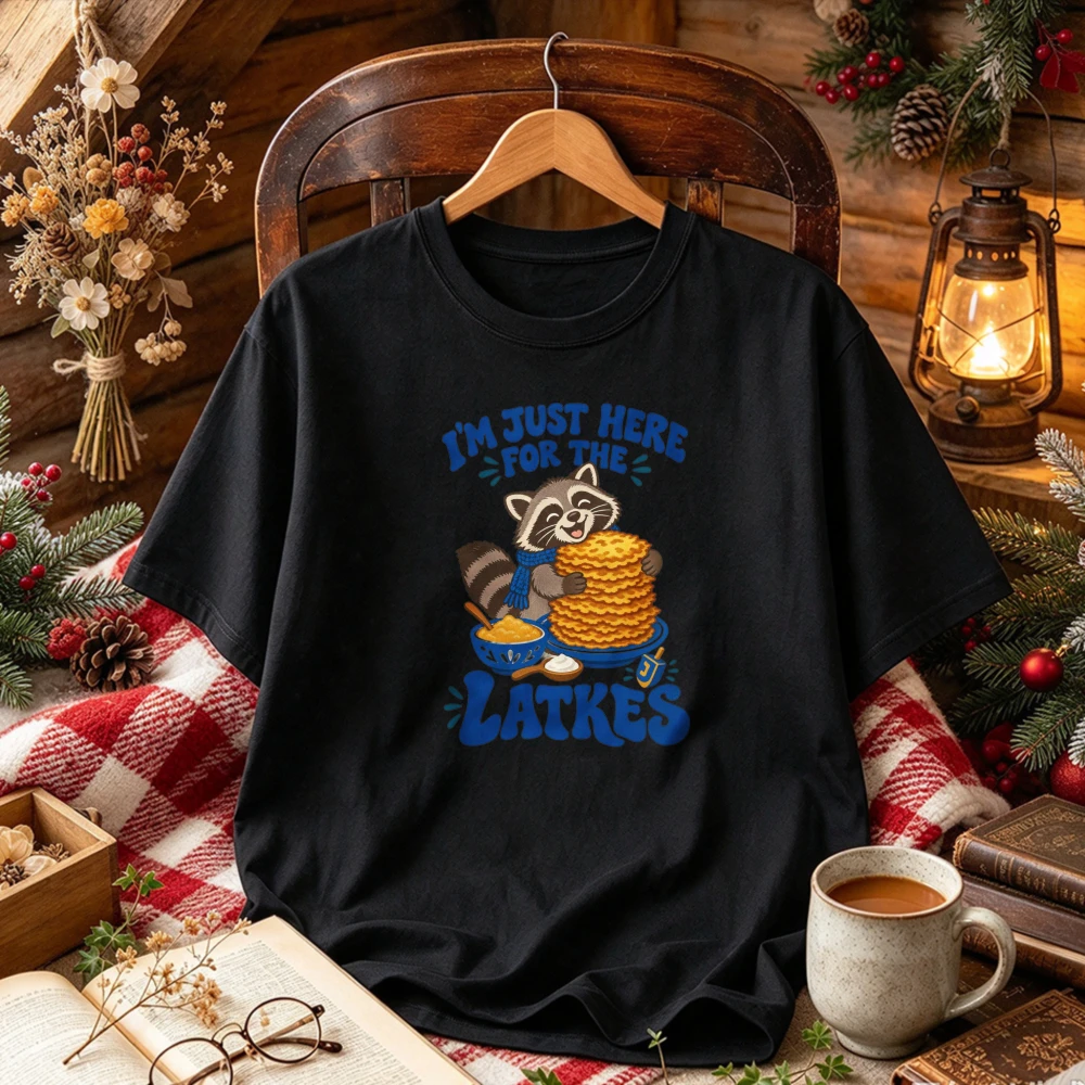 I'm Just Here for The Latkes Raccoon Hanukkah Graphic Print Funny Slogan Jewish Festival of Lights Holiday Streetwear T-Shirt