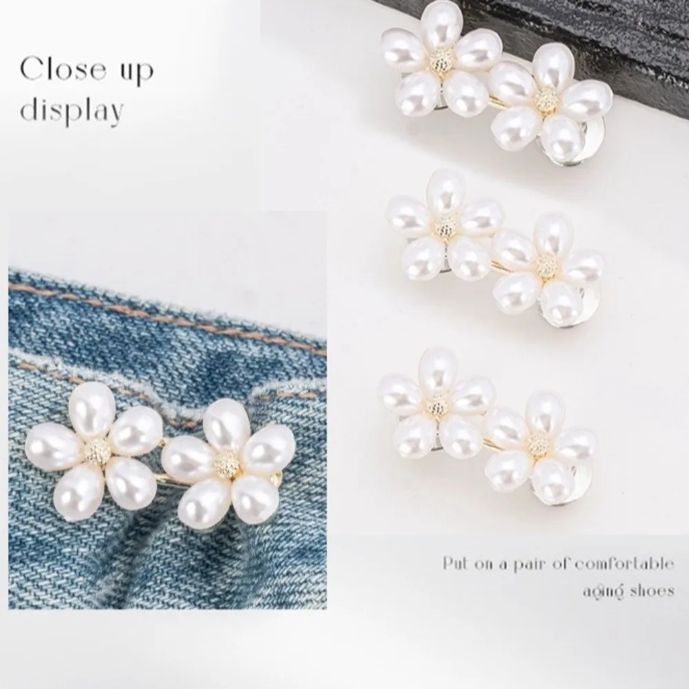 Adjustable Waist Jeans Waist Tightener Imitation Pearl No-Sew Waist Adjustment Pin Five Petal Flower Clothing Waist Adjuster