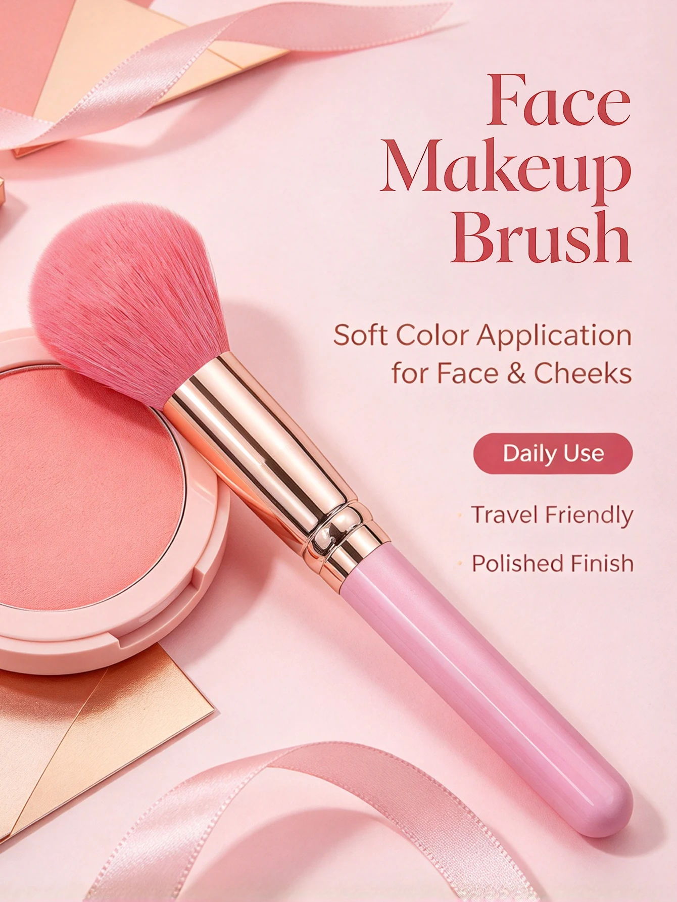 Fluffy Blush Brush, Soft Synthetic Hair Powder Makeup Brush, Pink Handle for Blush Loose Powder Contour Face Cosmetic Tool