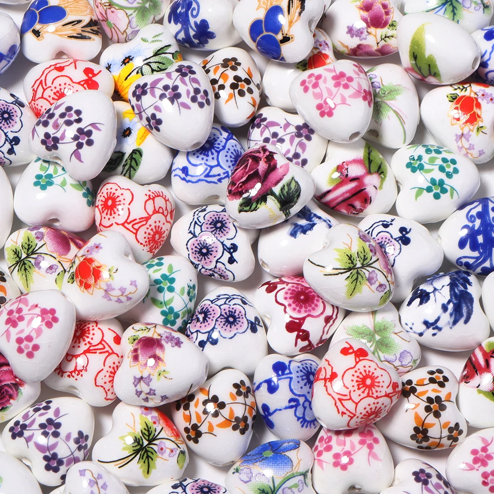 10pcs 12x13mm Heart Shape Flower Patterns Ceramic Beads Colorful Loose Beads For Jewelry Making DIY Bracelet Earring Accessories view 5