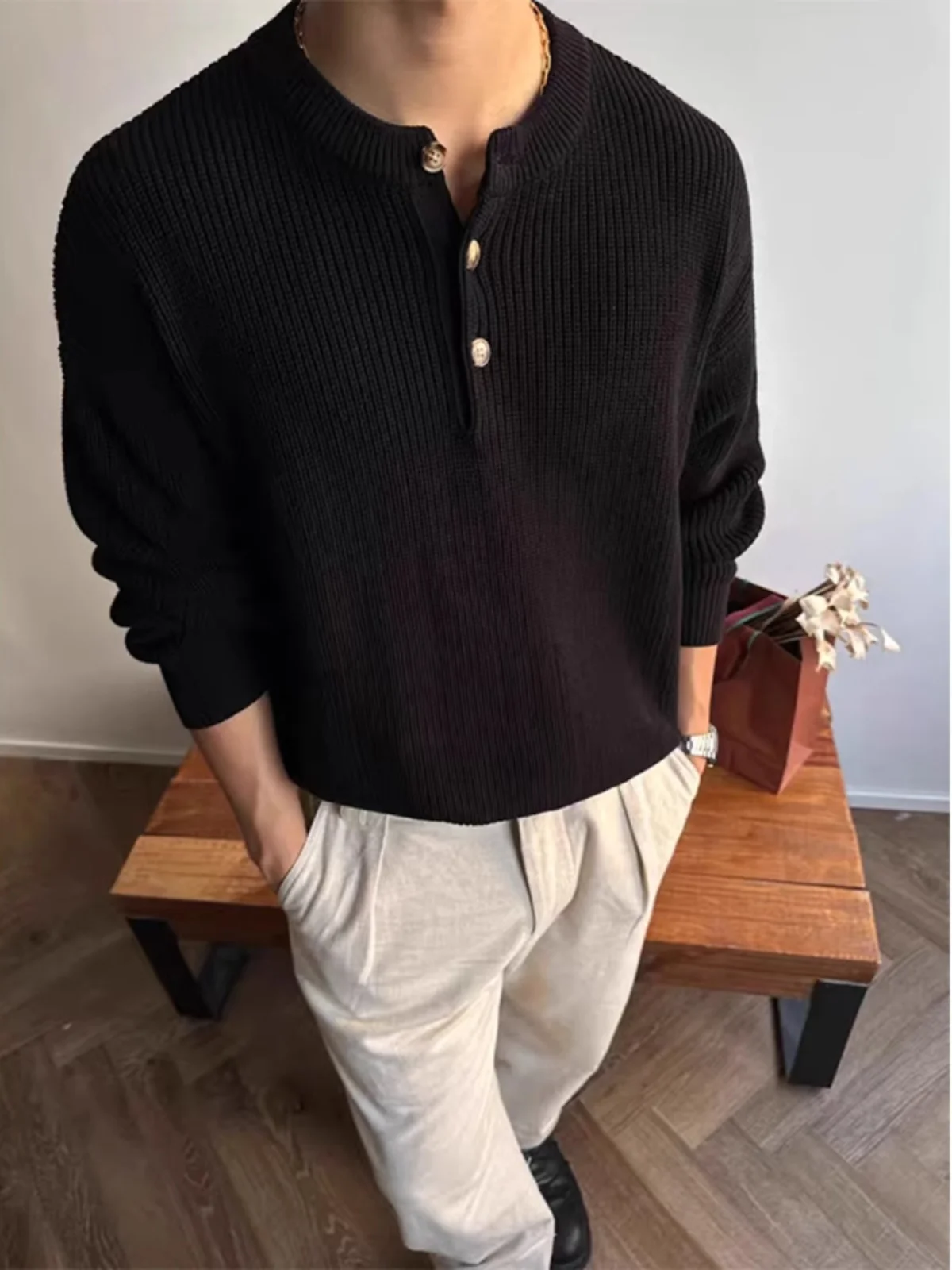 

Cleanfit American Retro Knitted Sweater Men's Autumn Winter Lazy Base irt Henry Collar Loose Fit Soft Polyester Fiber