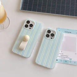 Korean INS Simplicity Blue Stripes Double Layers IMD Chic Ring Strap Case for iPhone 16 15 14 13 Pro Max Back Cover for 12 Pro