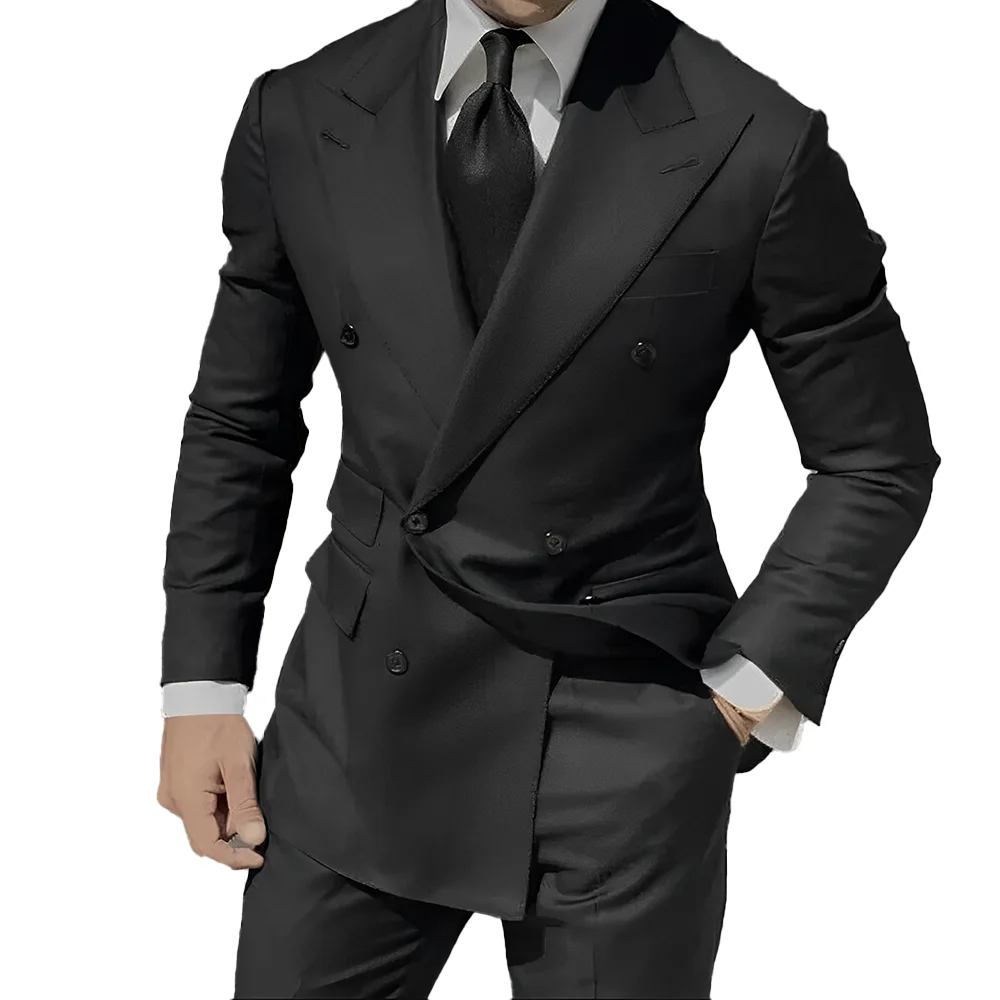 Business Mens Suits Peak Lapel Double Breasted Blazer Wedding Groom Tuxedos 2Pcs Office Workwear Groom Blazer