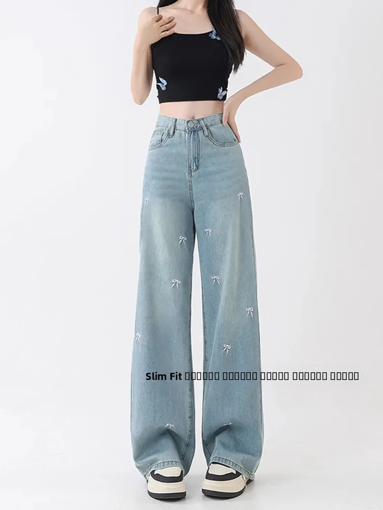 

Легкие джинсы с вышивкой для женщин, весна 2025, новинка, большие размеры, свободные, стройнящие, широкие брюки для фигуры «груша», повседневные, стильные