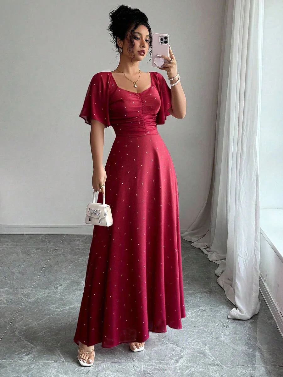 Abito lungo rosso stile francese dolce da donna con stampa a pois, maniche a pipistrello e cerniera posteriore