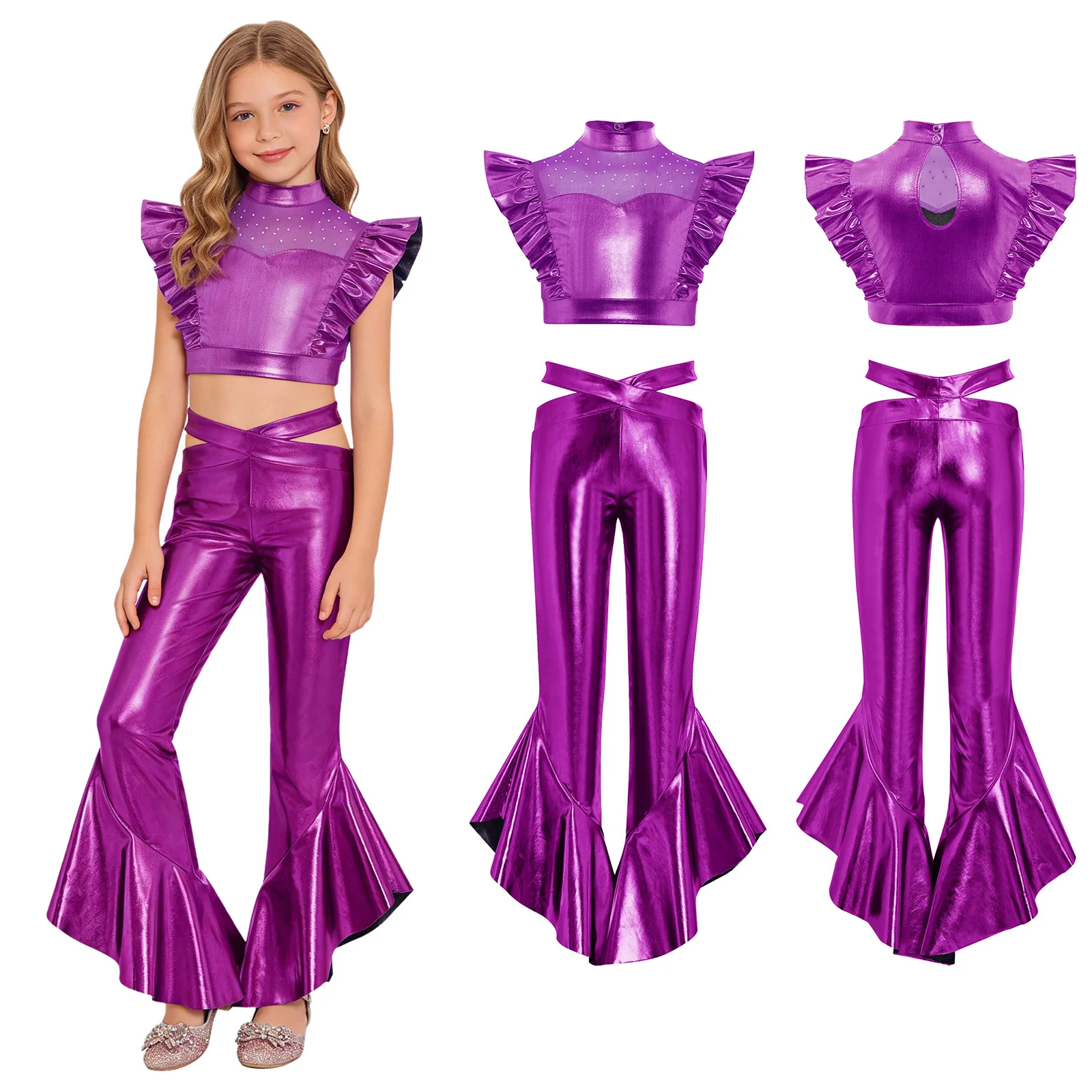 

Kids Girls Disco Jazz Latin Dance Performance Costume Outfit Sleeveless Mesh Crop Top And Flared Pants Set Cheerleader Dancewear