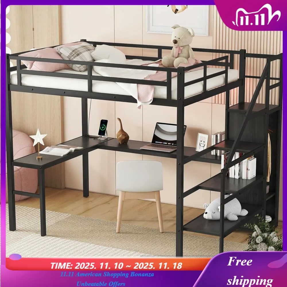 Pełny łóżko piętrowe XL z schodami i szafą, metalowe łóżko piętrowe z biurkiem i schodami do przechowywania, łóżko piętrowe z oświetleniem LED RGB i funkcją ładowania.